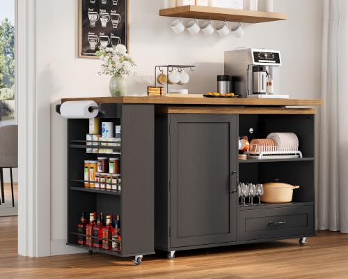 Image of Rolling Kitchen Island with 360 Swivel Tabletop, Large Kitchen Island Table with Power Outlet, Mobile Kitchen Island Cart with Storage Cabinets for Kitchen & Office, Black and Rustic Brown