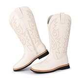 Hawkwell Botines de vaquero para mujer, con puntera cuadrada, cremallera lateral, bordadas, tacón bajo, botas de estilo occidental de media pantorrilla, Blanco, 37 EU