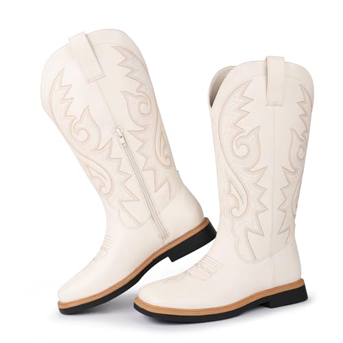 Hawkwell Women's Cowboy Cowgirl Boots Square Toe Side Zipper Embroidered Low Heel Dress Western Mid Calf Boot,Synthetic Leather White,9 M US
