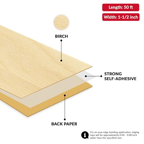 Image of Birch 1 1 /2 inch x 50 feet Edge Banding Veneer Tape Peel Stick Adhesive Edging Veneer Trim Flexible Vinyl Strip Molding Wood Cabinet Laminate Shelf Furniture Countertop Formica Plywood Board Repair