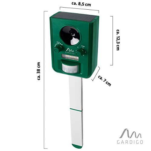 Gardigo Tiervertreiber Ultraschall Solar - 2er Set | Marderabwehr, Katzenschreck mit Blitzlicht | Multifrequenz Gerät, 5 Modi, Gesamtfläche ca. 75m² (ca. 9 m, 110°) | Batterien & USB-Ladekabel