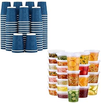 Lamosi Coffee Cups 12 oz - 120 Pack and 60 Pack Deli Containers With Lids, 8/16/32 Oz BPA Free plastic food containers