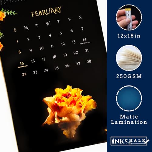 Image of 12 inchx18 inch Black & Bloom 2026 Wall Calendar | Vibrant Flowers on Pitch Black | Modern Botanical Art | Wiro-Bound | Indian Holidays Marked | Bold Home /Office Decor | Gloss Laminated
