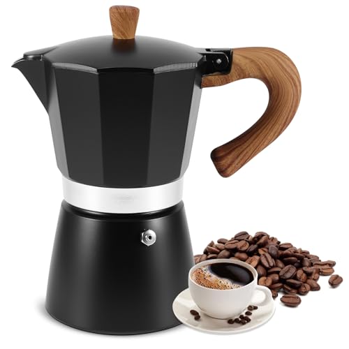 Kinberry Stovetop Coffee Maker - 6 Cup Aluminium Italian Espresso Maker, 300ml Gas & Electric Stove Top Moka Pot for Cappuccino Latte Mocha, Black