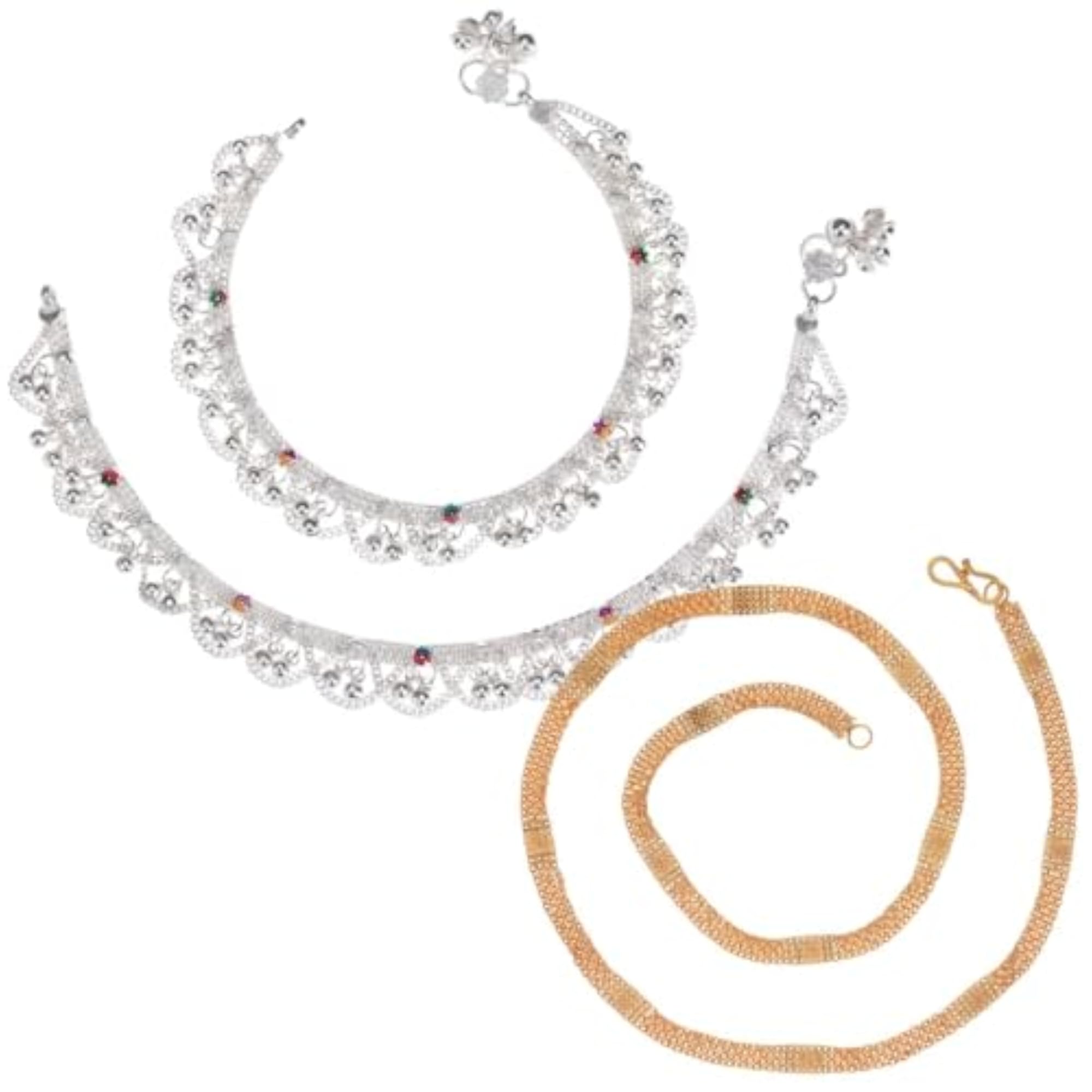 Elegant Silver Plated Anklets Pair & 22inches Long Gold Plated Chain Set