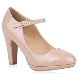  Damen Plateau Pumps Lack Spangenpumps High Heels Blockabsatz 153259 Nude 40 Flandell