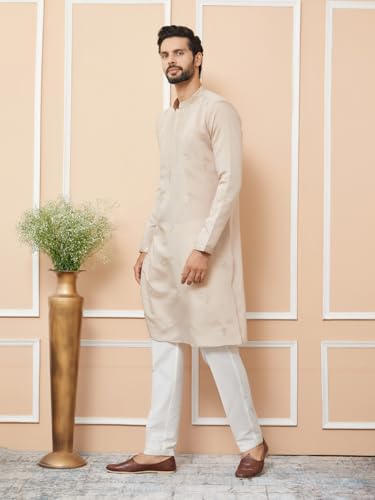 Image of See Designs Men's Long Sleeve Mandarin Collar Side Slit Off-White Embroidered Chanderi Silk Straight Kurta