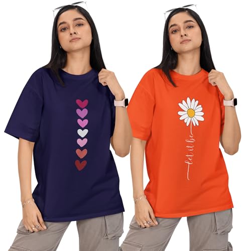 Image of Reifica Women 100% Pure Cotton Drop Shoulder Loose Fit Oversized T Shirts (Combo Pack of 2)
