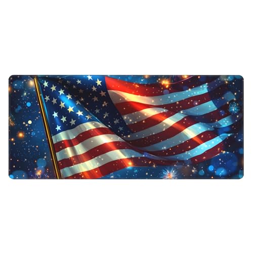 Image of Fireworks American Flag Extended Gaming Mouse Pad, with Stitched Edges Large Mouse Pad Desk Protector, Rubber Base Mousepad Keyboard Mouses Mat for Work Game Office Home- 32 inch X 12 inch Inch,E709
