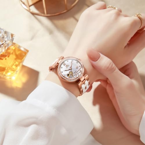 Image of OLEVS Womens Watches Automatic Luxury Dress Ladies Watch Ceramic Strap Rose Gold Self Winding Female Wrist Watch