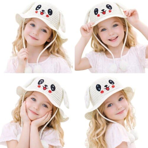 Image of FabSeasons Kids Cute Straw Sun Hat with Moving Ears (Ages 4-8 Years) | UV Protection, Wide Brim, Foldable, Beach Bucket Cap | Girls & Boys Breathable Summer Sun Hat with Inner Adjustable String