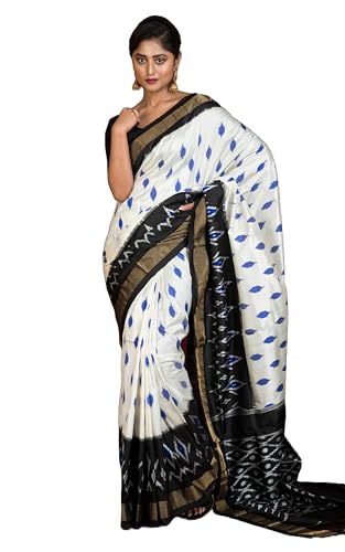 Bengal looms India Weaves of Elegance Ikkat Pochampally Silk Saree in Daisy White, Deep Blue and Black - with