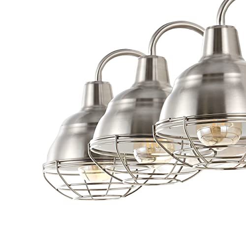 Image of JONATHAN Y Levi 3-Light Vanity 24.5 inch Industrial Metal, Nickel | Farmhouse Rustic Wall Sconce, Caged Bell Shade, Dimmable, Hardwired, UL Listed, LED Bulbs Included