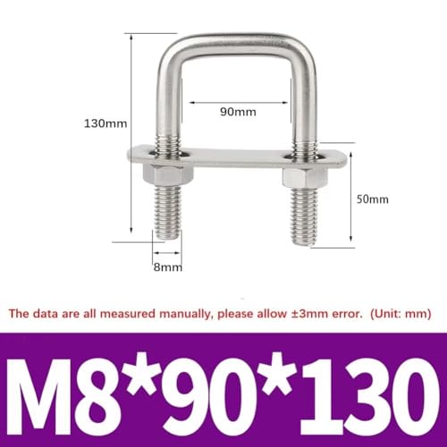 Miniatura 2 de Sydarsyn Pernos En U Cuadrado U-Bolt Tornillos En U De Acero Inoxidable 304 Con Tuercas Y Placas M8x90x130mm 1 Piezas