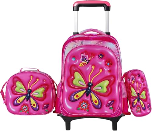 Mochila escolar de rodinhas com LED, kit 3 peças com mochila. lancheira forrada e estojo, para meninos e meninas de 6 a 12 anos (BORBOLETA)