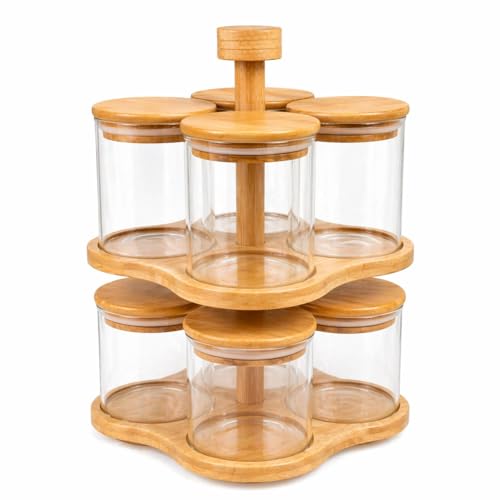 Image of 360 Rotating Spice Rack Organiser, 2-Tier Bamboo Stand with 8 Glass Jars, 250ml Each, BPA Free, Kitchen Storage