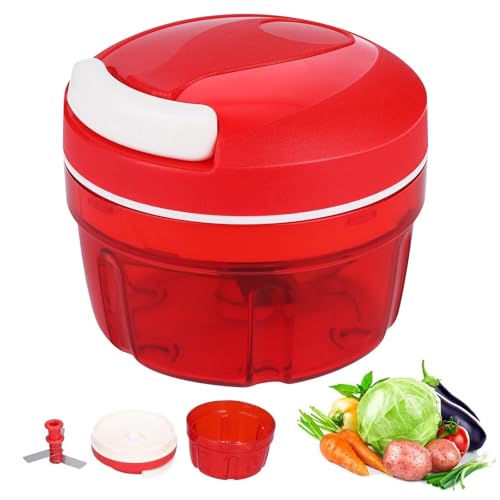 Zwiebelschneider Manuell mit Seilzug 200 ml Multizerkleinerer Gemüse Gemüseschneider Manuell Multizerkleinerer für Gemüse Knoblauch Nüsse Kräuter & Obst Hand Gemüsehacker ohne Strom (Rot)
