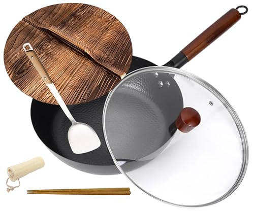 Royal Tag 12-5Inch Carbon Steel Wok Pan with Lids (1Glass+1Wood) & Spatula,8-pieces Woks & Stir-Fry Pans No Chemical Coated Flat Bottom Cookware Chinese Pan, Induction,Electric,Gas,Halogen, All Stoves Royal Tag 12-5Inch Carbon Steel Wok Pan with Lids (1Glass+1Wood) & Spatula,8-pieces Woks & Stir-Fry Pans No Chemical Coated Flat Bottom Cookware Chinese Pan, Induction,Electric,Gas,Halogen, All Stoves