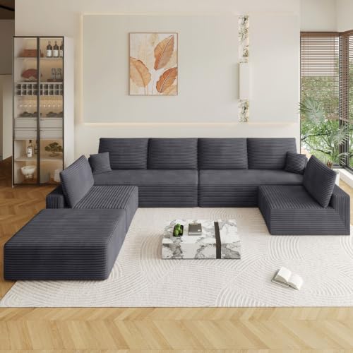 Image of Oversized Modular Sectional Sofa Couch,Large 7 Seater Corner Sofa Modern U Shaped Sectional Couch with Ottoman Cloud Couches for Living Room,Office,Spacious Space,Corduroy,No Assembly,Dark Grey