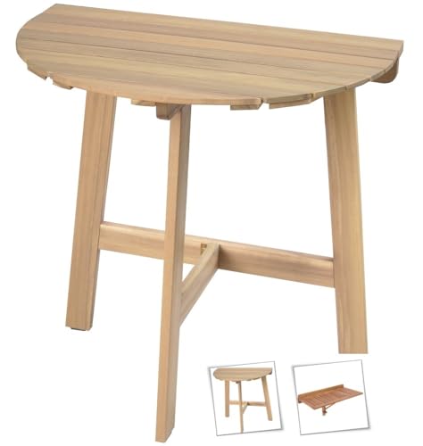 LOLAhome Mesa de Pared Plegable Abatible semicircular de 70x45x74 cm | Madera Acacia Natural Marrón | para Interior o Exterior Balcón, Terraza o Jardín - Colección Nina