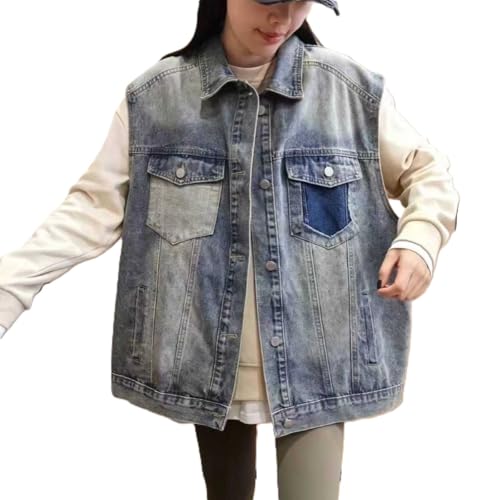 EMMIOL Fall Denim Vest Y2k Women, 2025 Jean Vest Top Distressed Vintage, Waistcoat Sleeveless Jacket Oversized Contrast Panel