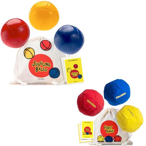 Covelico Juggling Balls & Footbags - Sets of 3 Vibrant Blue, Red, Yellow Juggle Balls or Foot Bags. Durable Dual Layers, Instructions, Convenient Storage Bag.