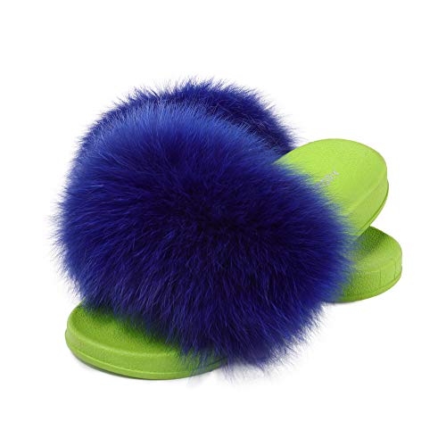 Women's Fox Fur Slides Furry Slides for Outdoor Fluffy Sandals Open Toe Fur Slippers(Green/Blue,8.5)