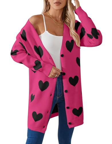 Womens Long Sleeve Open Front Cardigan Casual Loose Cute Heart Cardigans (Red&Black, Small)