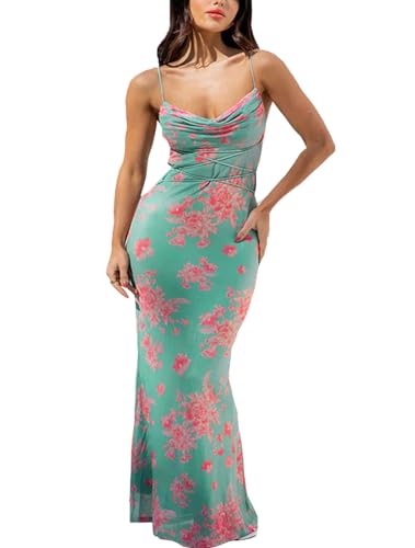 Image of ABINGOO Women Vintage Spaghetti Strap Maxi Dress Sexy Low Cut Backless Floral Satin Slip Long Dress Y2k Cami Bodycon Dresses