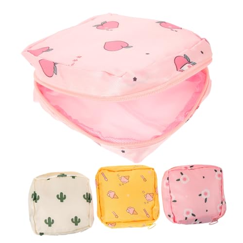 NIYANGLE Bolsa De Compresas Higiénicas Portátil, 4 Unidades, Tela Sin Olor, Organizador Decorativo Estampados (melocotón, Flor De Cactus, Cactus, Helado), Práctica Para Viaje y Uso Diario