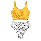 ZAFUL Zweiteiliger Beachwear Set, verknotet Oberteil mit Schulterträger & Tropisches Blattmuster Badehose (Gelb, M)