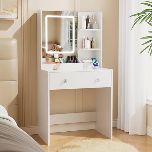 Image of Vanity Desk with Mirror and LED Lights, Small Makeup Vanity Desk with 2 Drawers, 3 Storage Shelves, 24 Inches Make UP Dressing Table with Power Outlet, 3 Adjustable Lights for Girls Bedroom, White