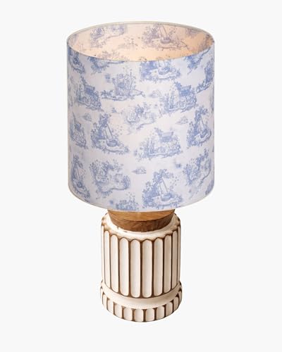 Image of Homesake Wooden Table Lamp | Handcrafted Bedside & Living Room Lamp | Bulb Included | Warm Light | Desk Nightstand Light, Decor Lamp for Bedroom, Study & Home Decor, (KD Blue Printed Drum)