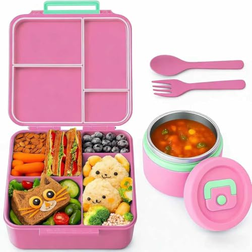 Rwaby Kids Lunch Box - Insulated Bento Box with Stainless Steel Thermos & Leak-Proof Containers for School, Travel, and Outdoor | 300ml Food Jar & Square Container for Toddlers and Children (Pink)