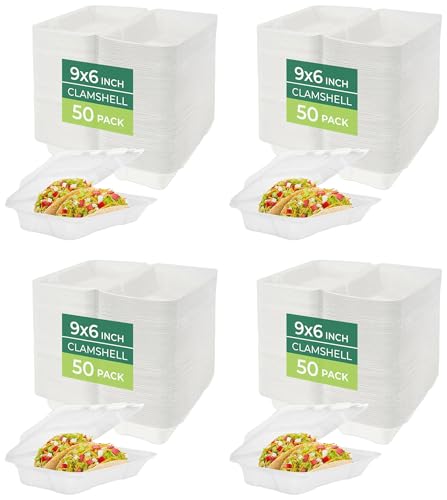 Image of Freshware Clamshell Food Containers with Lids [9x6 200-Pack] Disposable To Go Containers, Biodegradable Sugarcane To Go Boxes - Paper Container - Microwave & Freezer Safe, Stackable
