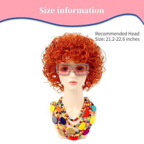Image of Women Roper Curly Orange Red Cosplay Wig with Necklace Earrings and Sunglasses for Women Hallween Costume Wig