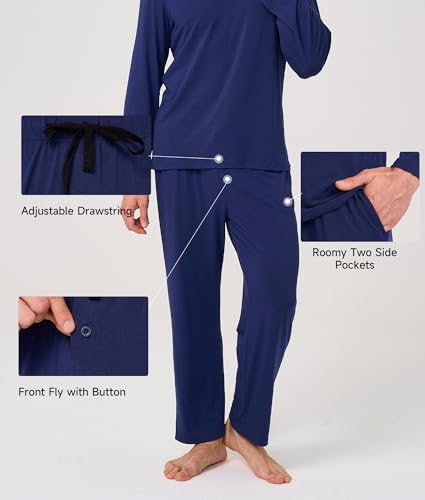 Image of BAMBOO COOL Mens Pajama Set Bamboo Viscose Soft Pijamas Sets for Men Long Sleeve Full Length Pants Pjs Sleepwear with Pockets