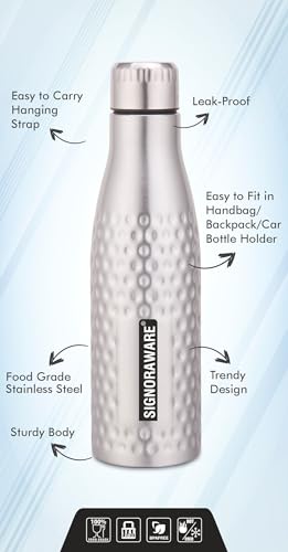 Image of Signoraware Aace Hammered Stainless Steel Single Walled Bottle | Airtight & Leakproof | LightWeight | Easily fit Into bags | Great for School, Office, Home, Gym & Travel Use | (1 Ltr | Steel)