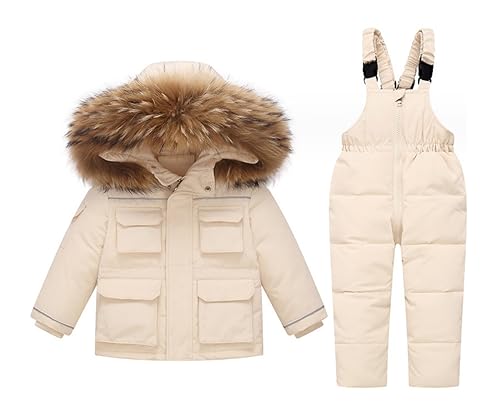 DINGDONG'S CLOSET Kid Boy Girl Winter Hooded Multi-Pocket Fur Down Parka Puffer Jacket+Snow Bibs 2-Piece Snowsuit Skisuit Set