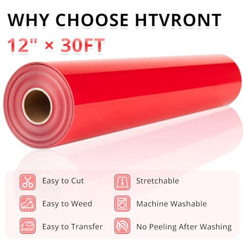 Image of HTVRONT Red Heat Transfer Vinyl Roll, 12 inch x 30ft | Iron on Vinyl for Shirts, Easy to Use, Easy to Cut & Weed, For Heat Transfer Vinyl Design