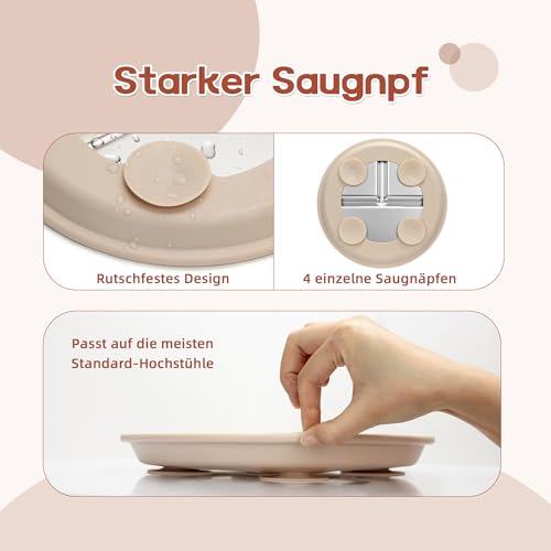 MOJINL Edelstahl Baby Teller mit Silikon Saugnapf, Silikon Babyteller mit Saugnapf, Rutschfest Kinderteller mit Unterteilung, Spülmaschinenfest Babyteller mit 4 Stück Babybesteck, BPA Frei, 2 Stück