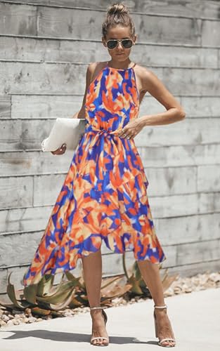 Image of ECOWISH Polka Dot Women Summer Dresses Casual Midi A Line Ruffle High Low Sleeveless Boho Floral Halterneck Cocktail Sundress