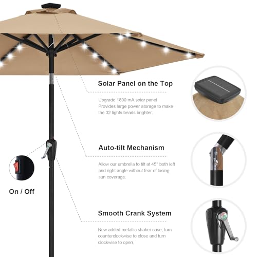 Image of ABCCANOPY Solar Led Patio Umbrella with 24 Lights 7.5FT(Sand) | Fade & UV Resistant Fabric,6 Heavy-Duty Ribs,Waterproof,Wind Vent Top,Crank & 45 Tilt,Ideal for Patio,Backyard,Garden