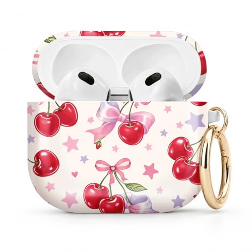 PLKTJOSA Airpod 4�P�[�X�Ή� TPU���킢���p�^�[���ی� �ϏՌ��� ���h�~�P�[�X �L�[�`�F�[�������O�t�� ���C�����X�[�d�Ή� (Cherry Bows Stars Leaves Words)