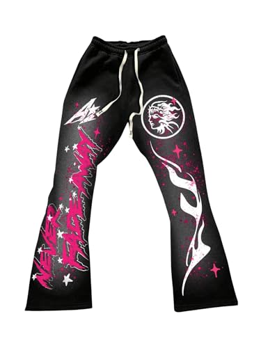 WDIRARA Men's Y2k Graphic Letter Print Stacked Sweatpants Drawstring Bell Bottom Flare Pants with Pockets