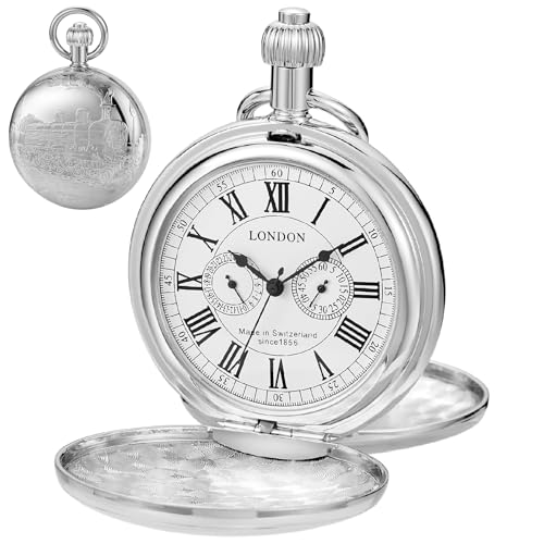 Image of Copper Pocket Watch Train Railroad Steampunk Mechanical London Hand Wind Double Case Mens Watches with Chains & Boxs Christmas Graduation Birthday Gifts Fathers Day(Silver)