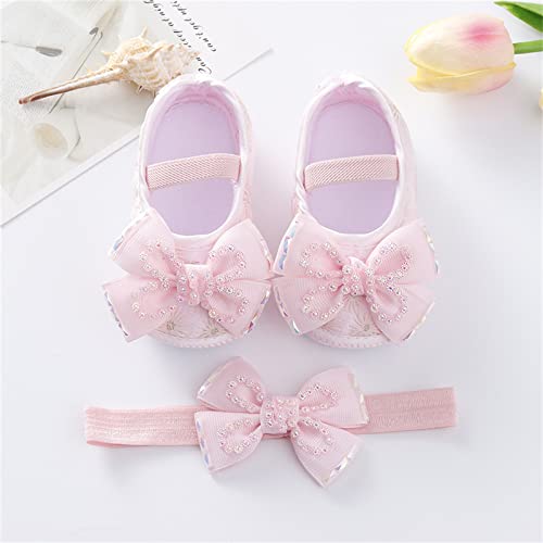 Baby Girls Mary Jane Flats Beaded Bow Princess Shoes Dress Walking Shoes and Headband for Newborn Infant Toddler2