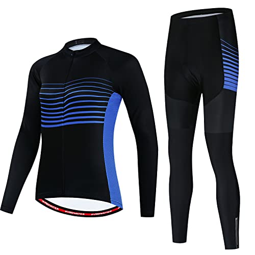 Conjunto feminino Evervolve de manga comprida para ciclismo e calça acolchoada macia, Preto, azul, M