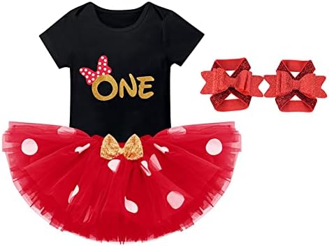 1st Birthday Outfit Baby Girl Romper Polka Dots Mini Tutu Skirt Headband Shiny Barefoot Sandals Shoes One Year Old Cake Smash Photo Shoot First Mouse Party Supply Clothing Set Red + Black Bow 1T