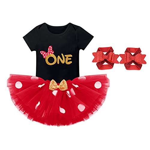 1St Birthday Outfit Baby Girl Romper Polka Dots Mini Tutu Skirt Headband Shiny Barefoot Sandals Shoes One Year Old Cake Smash Photo Shoot First Mouse Party Supply Clothing Set Red + Black Bow 1T #TOP7